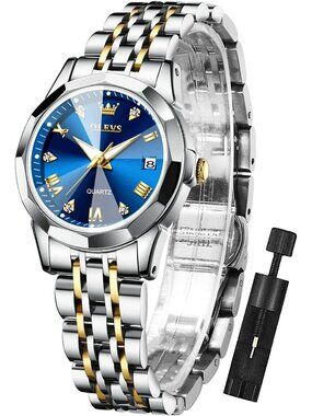 Women's Blue Gold Silver Diamond Analog Stainless Steel Waterproof Wrist Watch